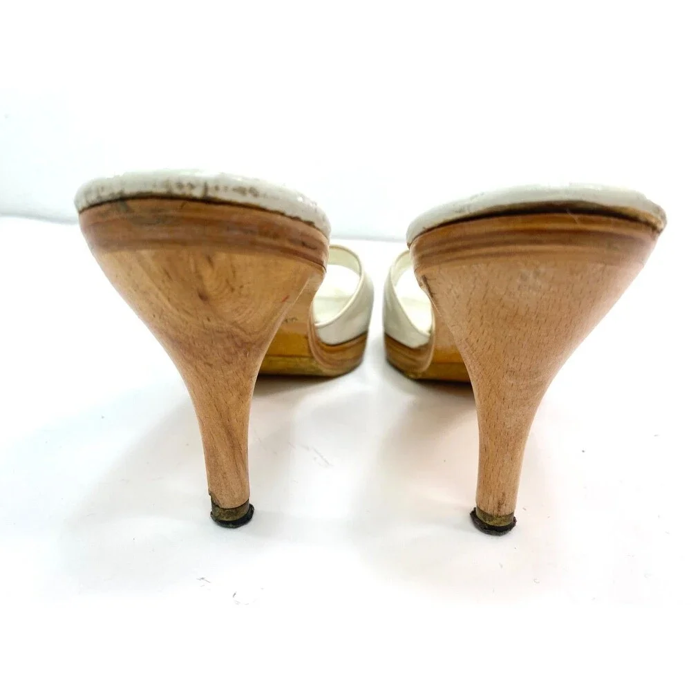 Vintage Made In Japan White Slip-On Heel Shoes 8.5 Open Toe Wood Lounge Resort